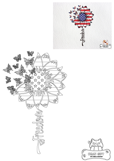 Patriotic sunflower image with American flag petal pattern and butterfly accents, symbolizing 'Freedom'. Celebrate American pride with this design.