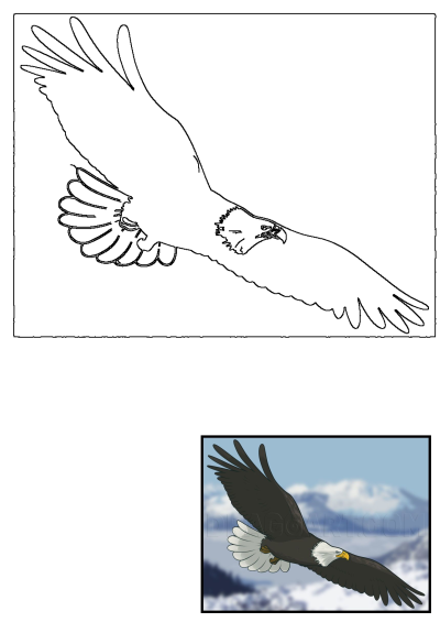 A cartoon illustration showing an eagle flying in the sky with blurred mountains in the background, perfectly capturing the essence of the alt description.