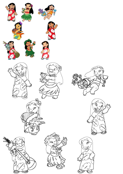 Cartoon characters are all dressed up in different colors and sizes, including one girl with black hair, Lilo in different outfits and poses.