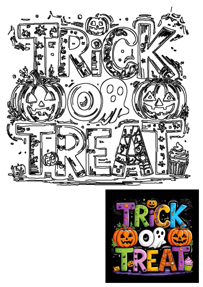 Colorful 'Trick or Treat' lettering with Halloween-themed designs, featuring pumpkins, jack-o'-lanterns, a ghost, and Halloween decorations.