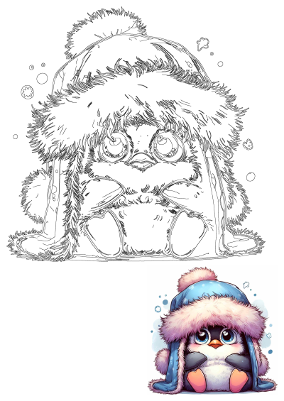 A cute cartoon penguin wearing a stylish blue and pink fur hat. A charming illustration perfect for winter themes and animal lovers.