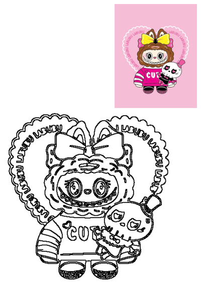 Cartoon character Labubu holding a cute skull with top hat against a pink background. Cartoon illustration for a whimsical and spooky aesthetic.