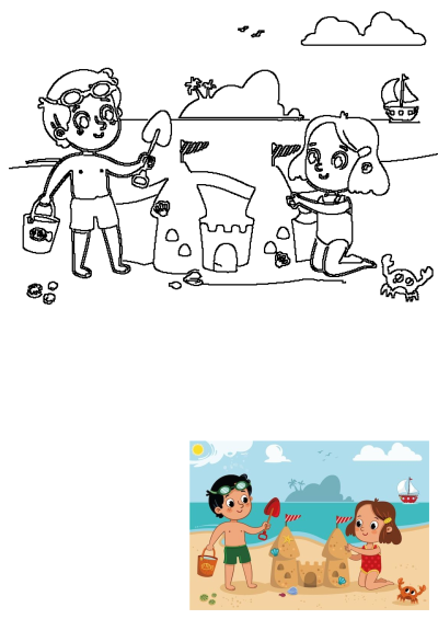 Two cheerful children building a sandcastle at the beach. Royalty-free art fotoref image showcasing playful summer vacation scene.