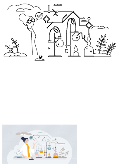 Illustration of a woman scientist conducting chemistry research with flasks and tubes. Ideal for educational content, science or laboratory.