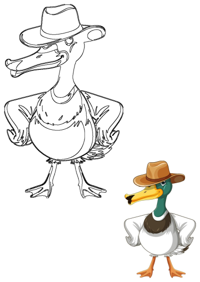 Illustration of a cartoon duck wearing a cowboy hat, perfect for adding a fun, whimsical touch to any project. This image is royalty-free.