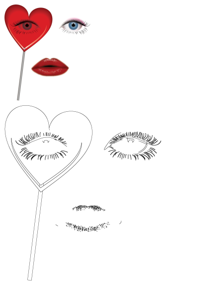 Image of an eye and red lips, as well as a red heart-shaped lollipop with eyes and eyelashes on top of the lollipop.