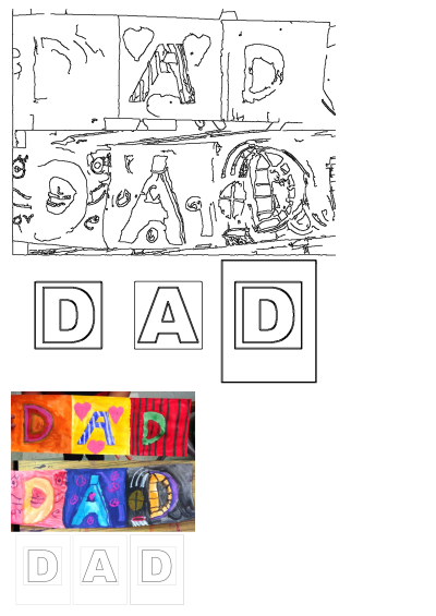 A child's colorful artwork project showing the word 'DAD' written in different colors. A handmade gift for Father's Day.