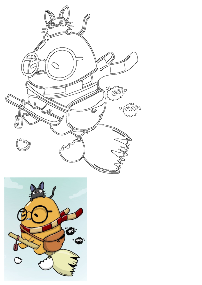 A cartoon character flying through the air on a broomstick with a black cat, soot sprites, wearing glasses and a scarf, hatching from an egg.