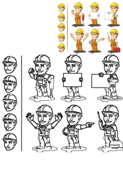 Cartoon construction worker poses with tools and signs, hands up and pointing. Versatile design for construction, maintenance, and safety themes.
