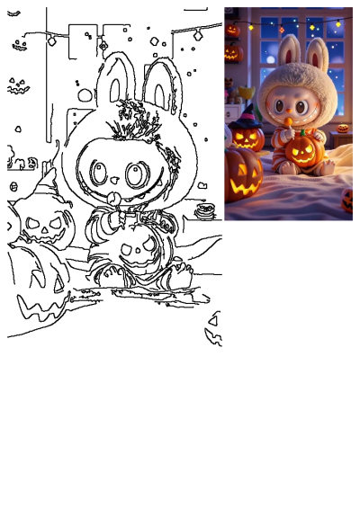 A cute baby dressed in a bunny costume sitting with pumpkins and a lollipop, Halloween decorations and a festive holiday mood.