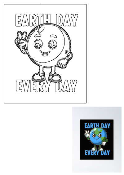Earth Day Every Day poster with an emo smiley face and hands in the air, cute earth cartoon character showing V sign.