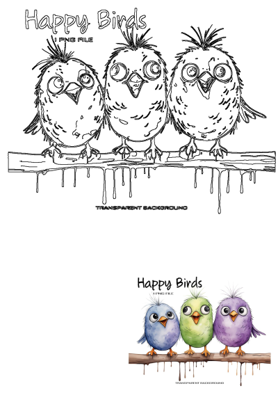 Three watercolor birds are sitting on a branch with dripping paint. "Happy Birds" is written above them. Cute bird illustration.