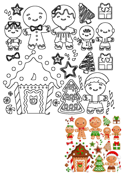 Festive gingerbread Christmas characters, house, and holiday cookie decorations. Includes outlines for drawing and vibrant illustrations.