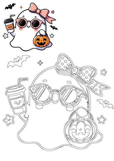 Funny drawing illustration of a cute ghost with sunglasses and bow holding a pumpkin and coffee, perfect for Halloween pumpkins.