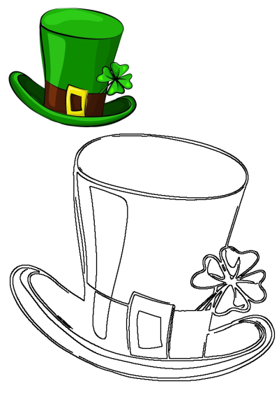St. Patrick's Day vector image of a leprechaun hat adorned with a lucky four-leaf clover. Sombrero de san patricio, Sombrero de duende.