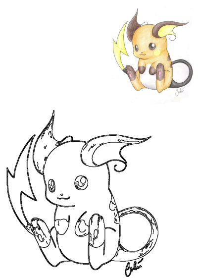 Drawing of a baby Raichu Pokemon sitting on the ground holding its tail, which is shaped like an arrow.