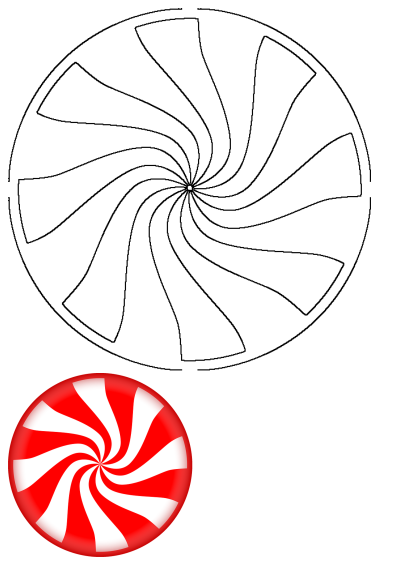 A red and white peppermint candy cane arranged in a circular pattern on a white background. A sweet holiday treat!