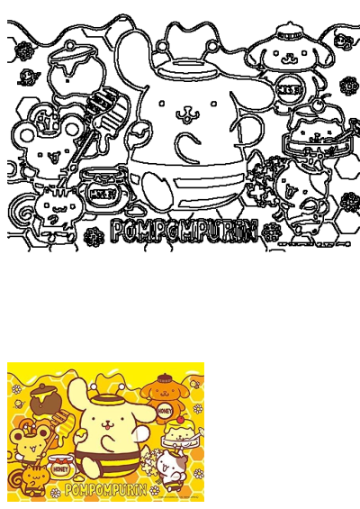 Cartoon characters like Pompompurin with honey pots, honeycombs, and honey dippers in the foreground. Cute illustration with a yellow theme.