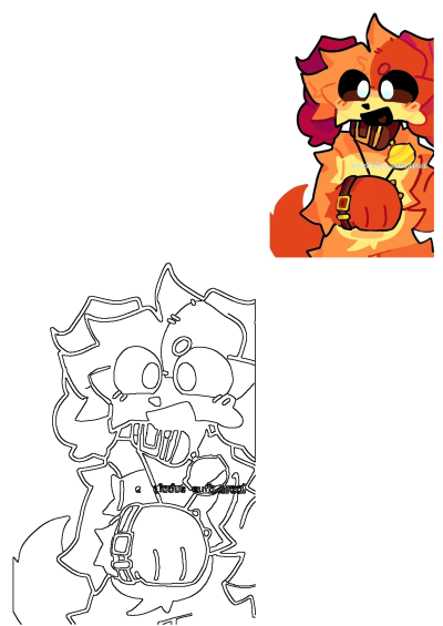 Drawing of an orange cartoon fox with a brown collar, holding something like a golden nugget in its paws, looking at the camera.