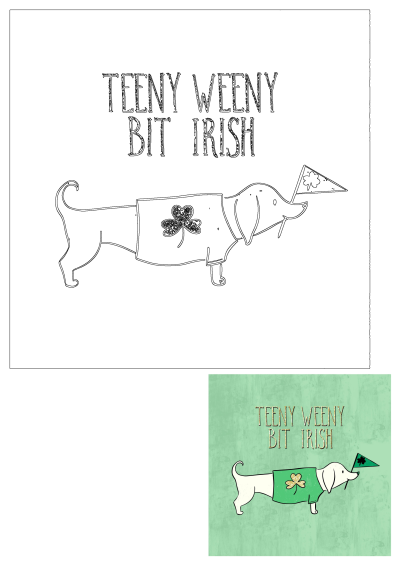 A white dog wearing a green shirt with a shamrock and the text "teeny weeny bit irish", perfect for St. Patrick's Day celebrations.