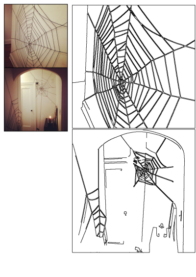 Two pictures of a spider web Halloween decoration on the wall. A spooky and creative DIY decoration for a Halloween party or to add a festive touch.