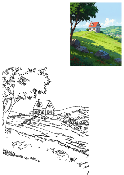 Painting of a house with a red roof sitting on top of a lush green hillside, tree to the left, blue sky with white clouds. Peaceful scenic landscape.
