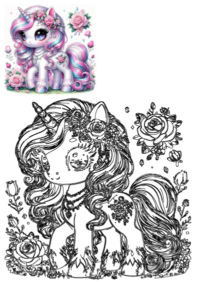 A charming baby unicorn with a rainbow mane, sparkling eyes, and a floral crown with jewelry, depicted in vibrant color and outline form.