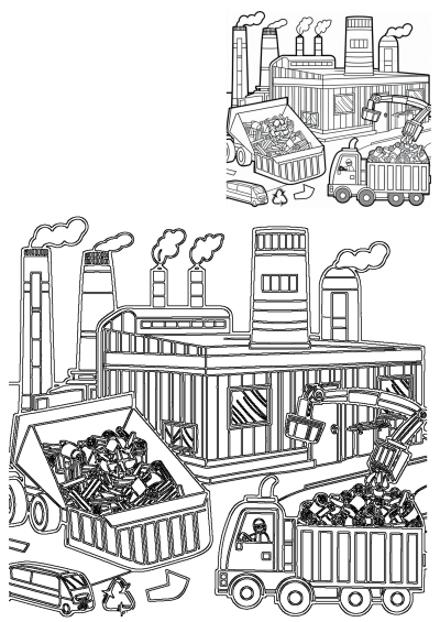 Garbage truck and dump truck coloring pages with a recycling center. Perfect for kids who love trucks and learning about recycling.
