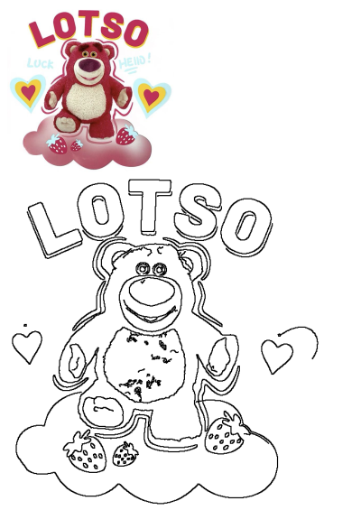 A red Lotso bear sitting on a pink strawberry cloud with hearts and the words Lotso Luck in the background. 