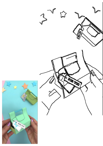 A hand holding a small green box with a 'For You' tag, against a light blue background decorated with colorful stars. A thoughtful handmade present.