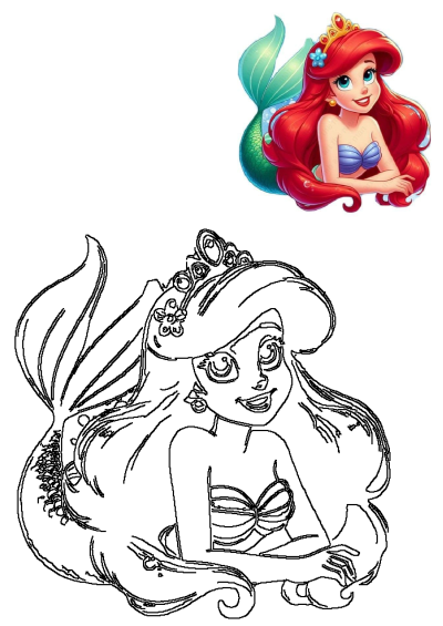 Illustration of Ariel, the Disney princess, with her iconic red hair, green mermaid tail and purple shell bra, wearing a golden crown.