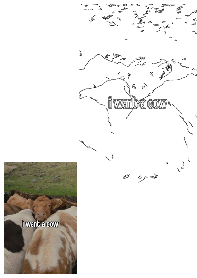 A group of cows standing close together on a grassy field. A funny image with a light brown cow in the front with the text 'i want a cow'.