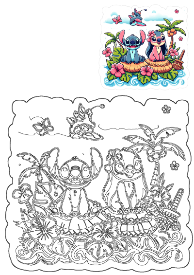 Cute illustration of Stitch and Angel sitting on a tropical island with palm trees, flowers, and a butterfly in this cartoon.