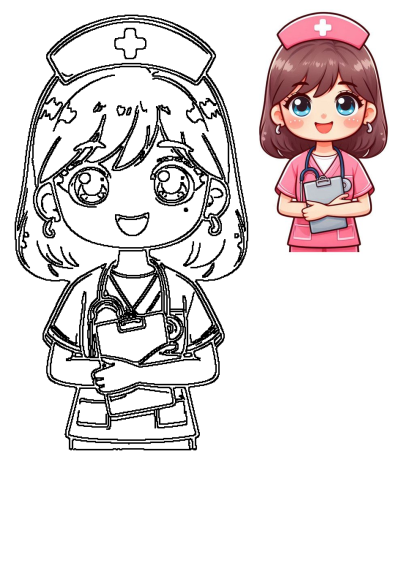 Adorable cartoon nurse in pink uniform with stethoscope, holding a clipboard, with big blue eyes, a cute pink hat, and smiling, charming doctor illustration.