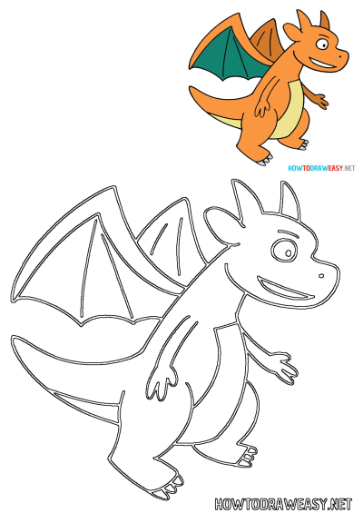 Cartoon image of an orange dragon with green and brown wings, featuring its smiling face. An orange and green dragon with large wings.