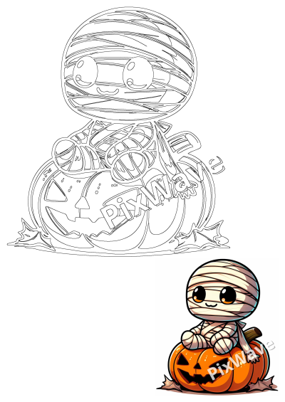 Cute Mummy PNG/SVG sitting on a pumpkin. Halloween Mummy SVG, Baby Mummy Png/Svg, Halloween Sticker for face.