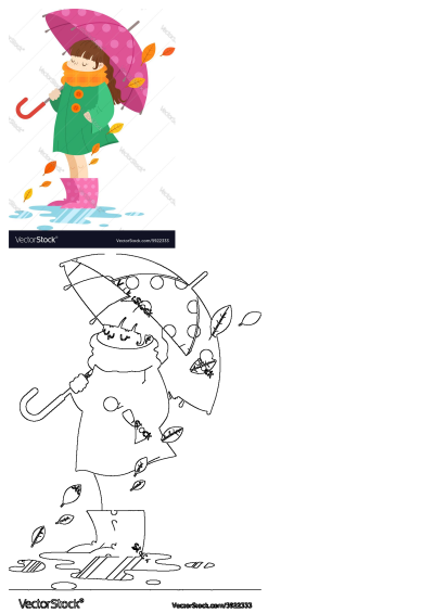 Illustration of a girl in a green coat and pink rain boots holding a pink umbrella as leaves fall around her, perfect for autumn.