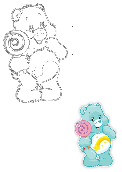 A delightful blue Care Bear holding a spiral candy lollipop. This sweet image showcases the adorable bear with stars and rainbow.