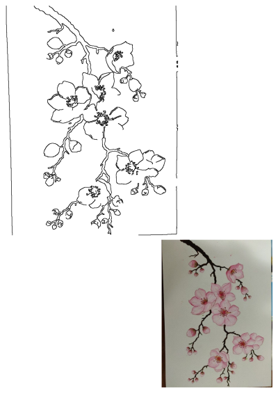 Watercolor painting depicting a branch with delicate pink cherry blossoms and buds, showcasing the beauty of spring in a graceful design.