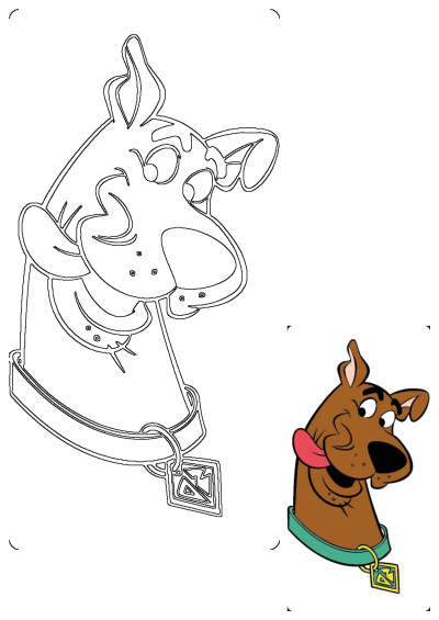 A cartoon image of Scooby-Doo, a brown dog with his tongue sticking out, wearing a green collar.  This lovable cartoon dog is ready for adventure!