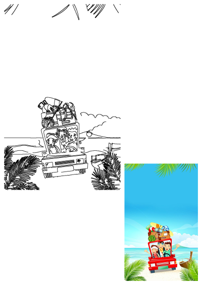 Cartoon image of a red truck with people heading to the beach, full of luggage and beach toys! Red truck driving by the ocean and palm trees.