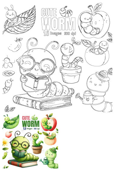 Cute worms and caterpillars are reading books, one worm is wearing glasses and sitting on a book, near an apple. Whimsical and charming.