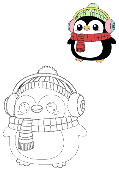Cartoon penguin wearing headphones, a green hat, and a red scarf. A charming and cozy illustration of a winter-ready penguin.
