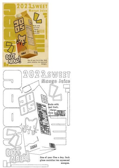 A carton of mango juice featuring a cute cat illustration, labeled "2023 Sweet Mango Juice". A delightful and healthy choice!