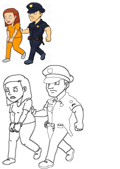 Cartoon illustration of a police officer escorting a woman in an orange jumpsuit and handcuffs. They are walking side by side.