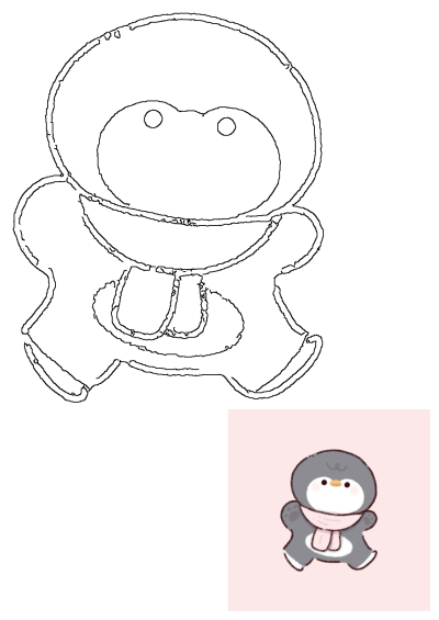 Cartoon penguin with a pink scarf around its neck against a pink background. The cute penguin has its eyes closed, creating a serene image.