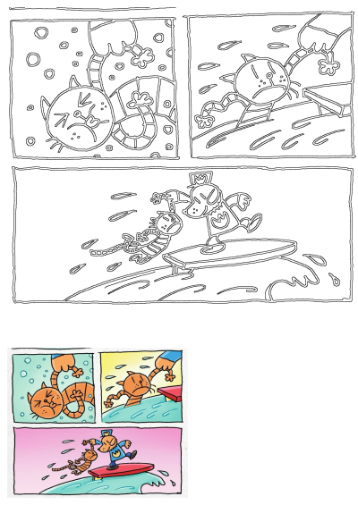 The comic strip shows cats surfing on surfboards. One cat is in the water. The last scene shows a dog helping the cat to join him on the surfboard.