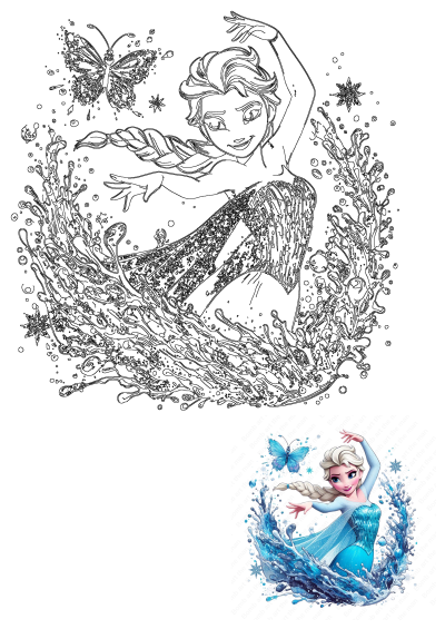 Frozen princess Elsa with white blonde braid and blue dress surrounded by blue water and a butterfly. A frozen princess with blue hair and wings.