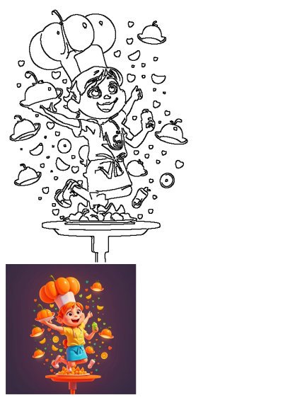 Cute chef illustration. Cartoon girl dressed as a chef with pumpkin hat and flying food, Italy cooking concept, premium photo.