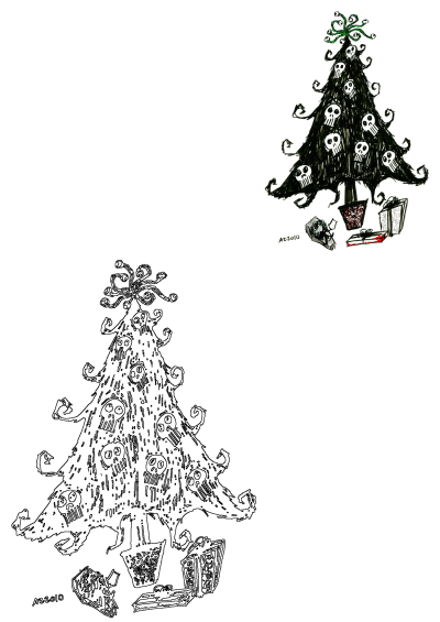 a drawing of a christmas tree with skulls on it